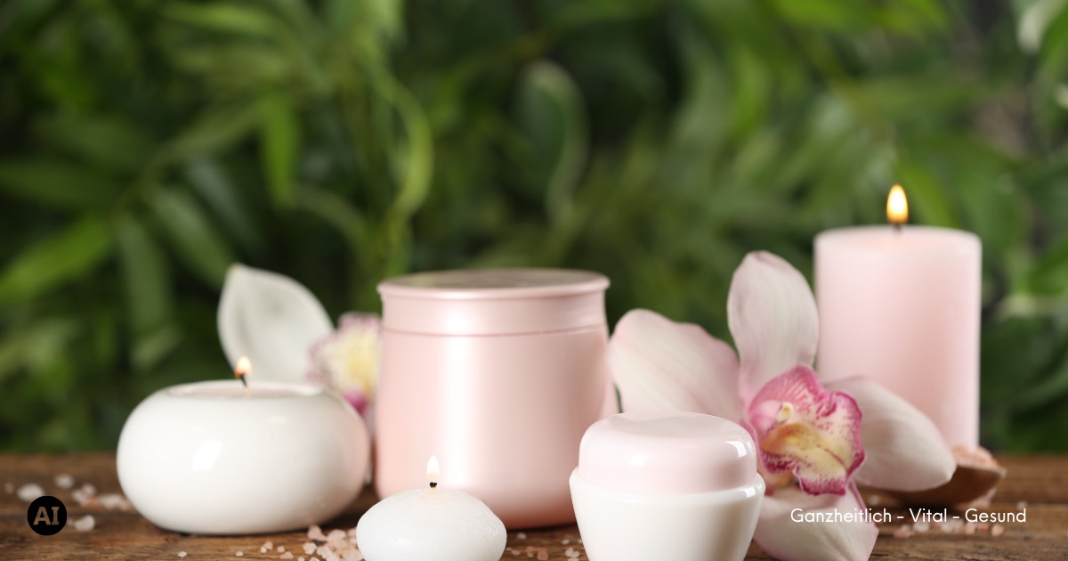 Ruhiger Spa-Moment mit Kerzen, rosa Cremetiegeln und Orchidee
