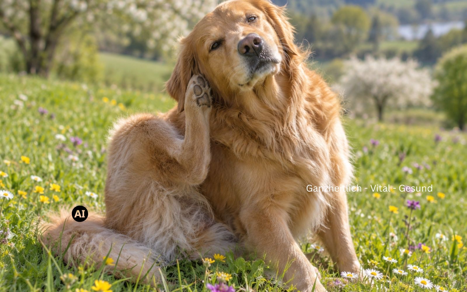 Hund auf einer blühenden Frühlingswiese, kratzt sich mit der Hinterpfote am Ohr
