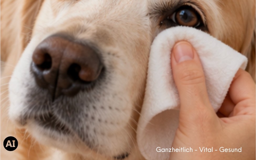 Ein weiches Tuch wischt sanft am Augenwinkel eines hellen Hundes