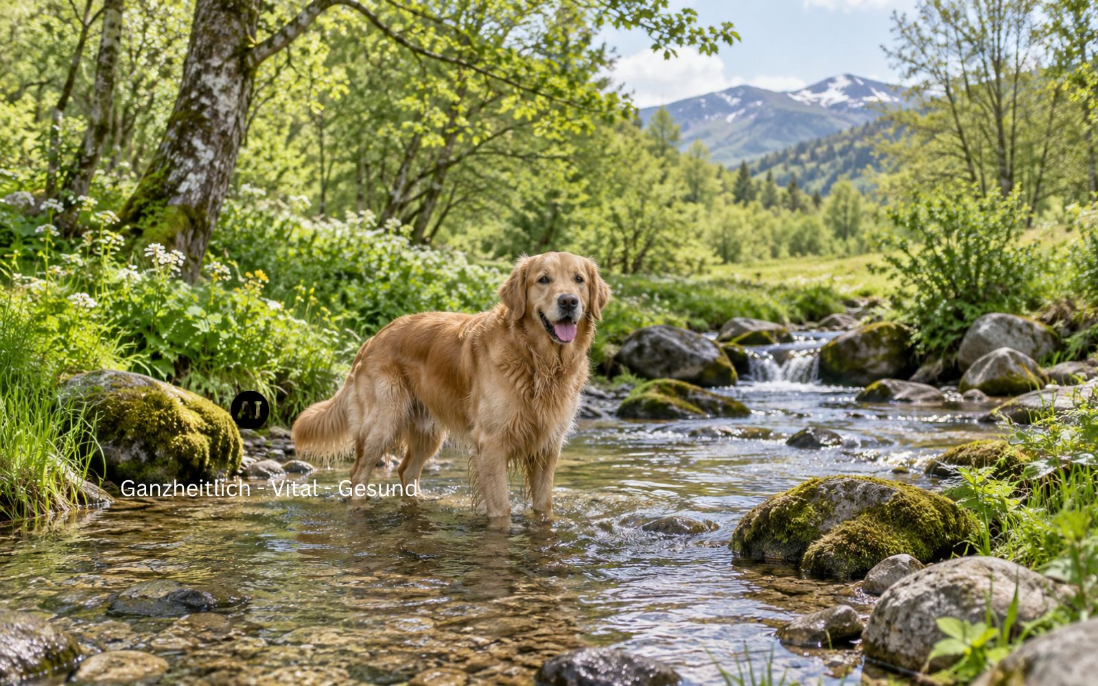 Hund steht im flachen Bachlauf, ringsum frisches Frühlingsgrün