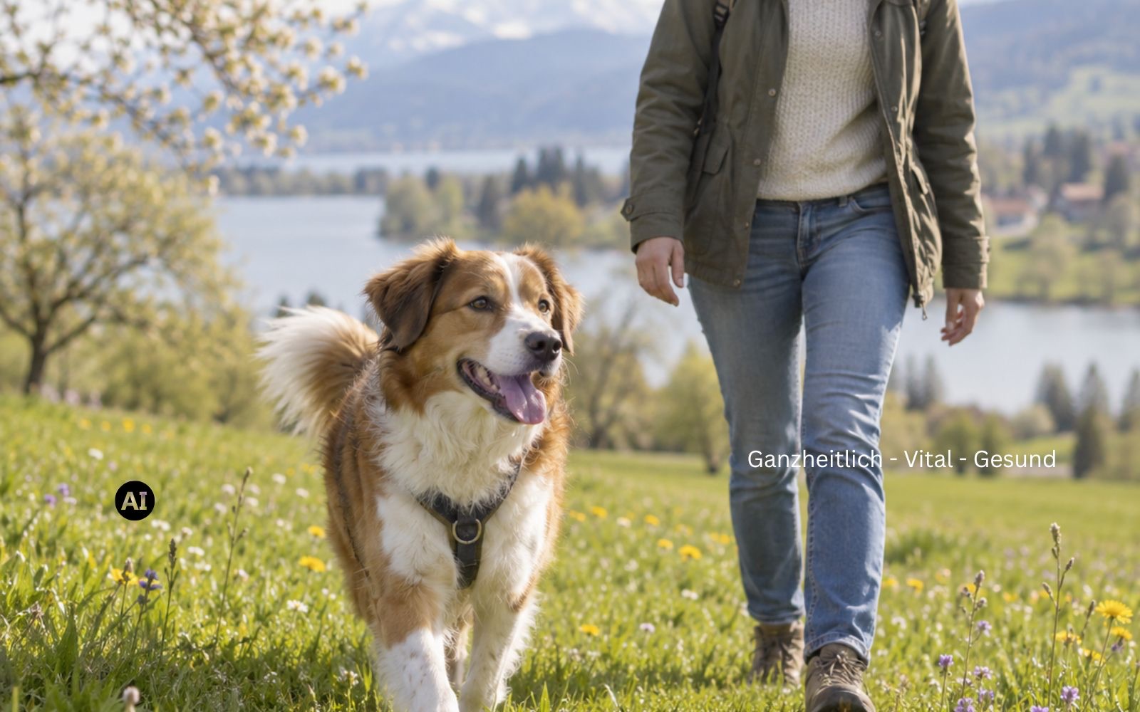 Hund trabt über eine Frühlingswiese, Frau geht entspannt daneben