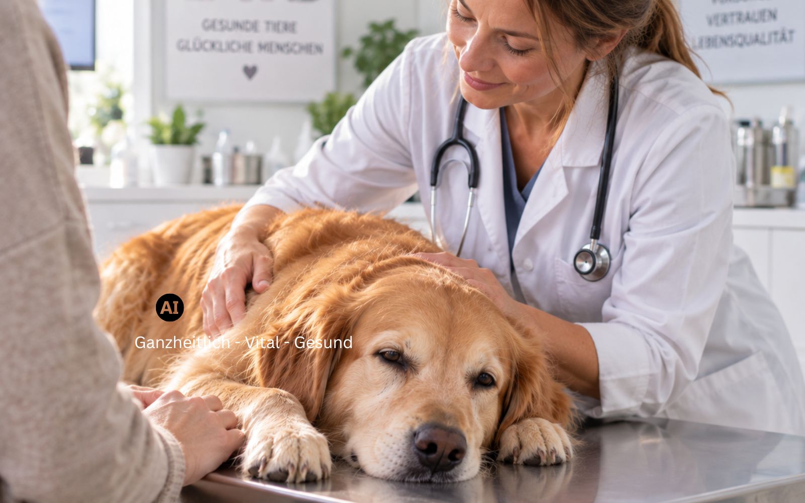 Tierarztpraxis, ein Hund liegt ruhig auf dem Behandlungstisch, eine Hand ruht beruhigend auf seinem Rücken