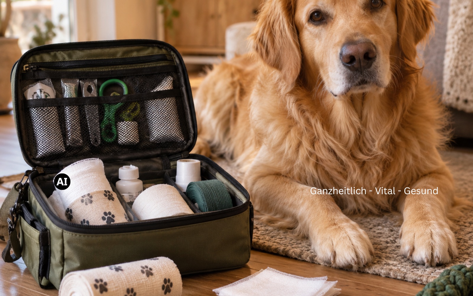 Aufgeklappte Hundeapotheke mit Verbandmaterial und Zeckenzange, daneben wartet ruhig ein Hund