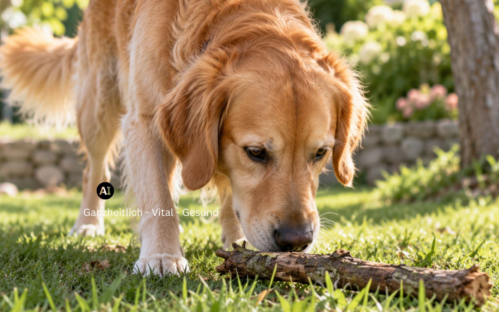 Golden Retriever schnuppert im sonnigen Garten auf dem Rasen an einem morschen Holzast, im Hintergrund eine Steinmauer und blühende Hortensien