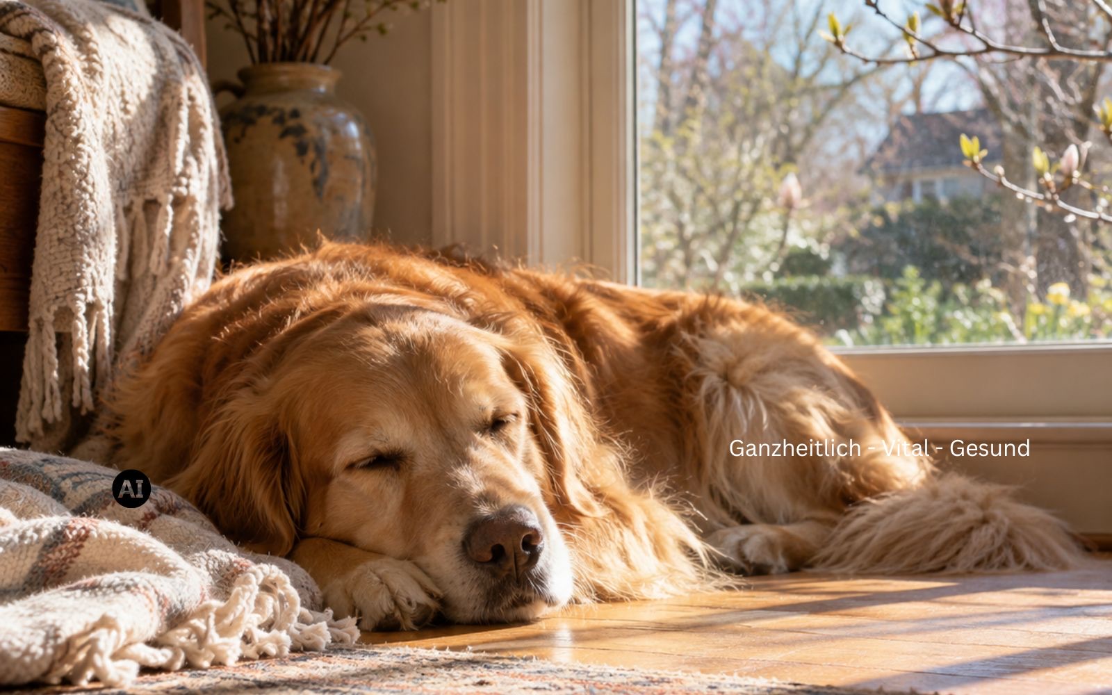 Hund döst zusammengerollt in einem Sonnenfleck am Fenster, draußen zeigen sich die ersten Knospen