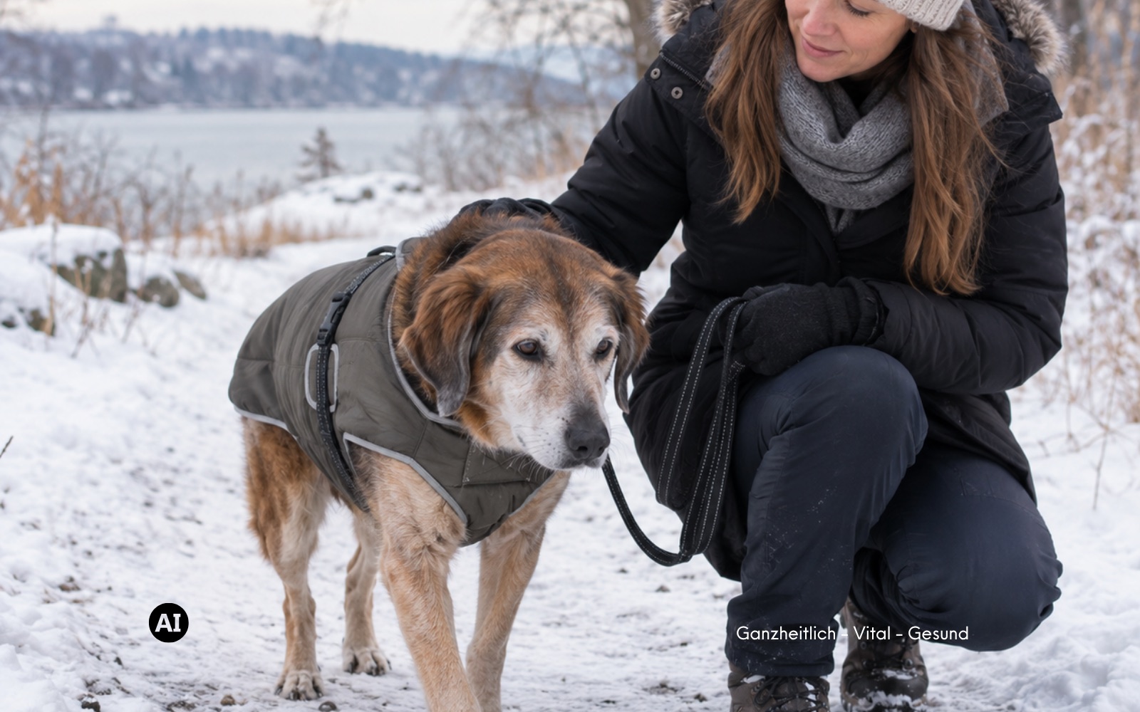 Älterer schwarzer Hund mit grauer Schnauze steht aufmerksam auf einer herbstlichen Wiese