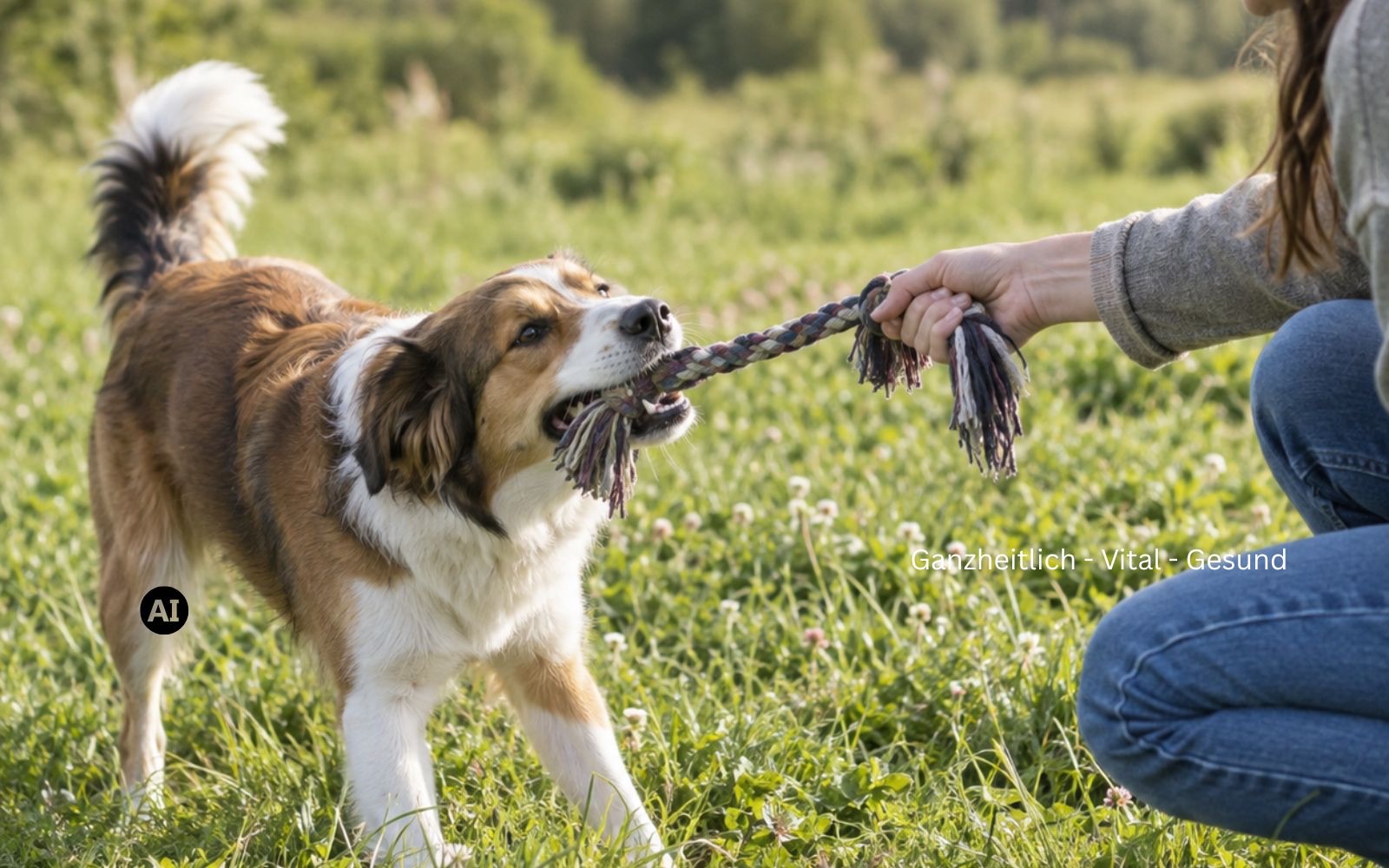 Hund mit Zerrspielzeug im Maul, Frau hält das andere Ende, Wiese