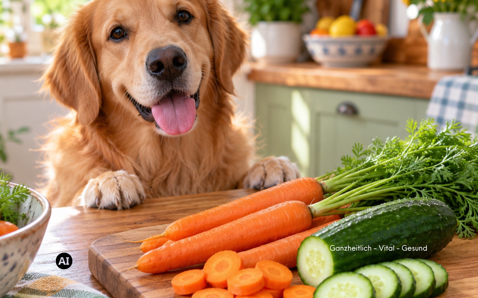 Ein Golden Retriever sitzt erwartungsvoll am Küchentisch, davor liegt ein Holzbrett mit frischen Möhren und aufgeschnittener Gurke