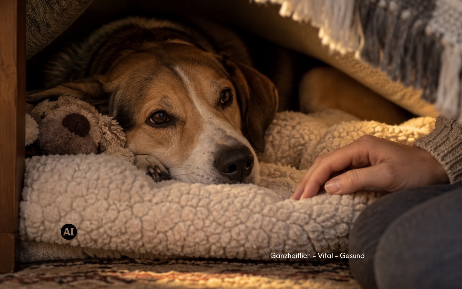 Hund liegt in seiner Höhle unter einer Decke, daneben ruht eine ruhige Hand auf dem Boden