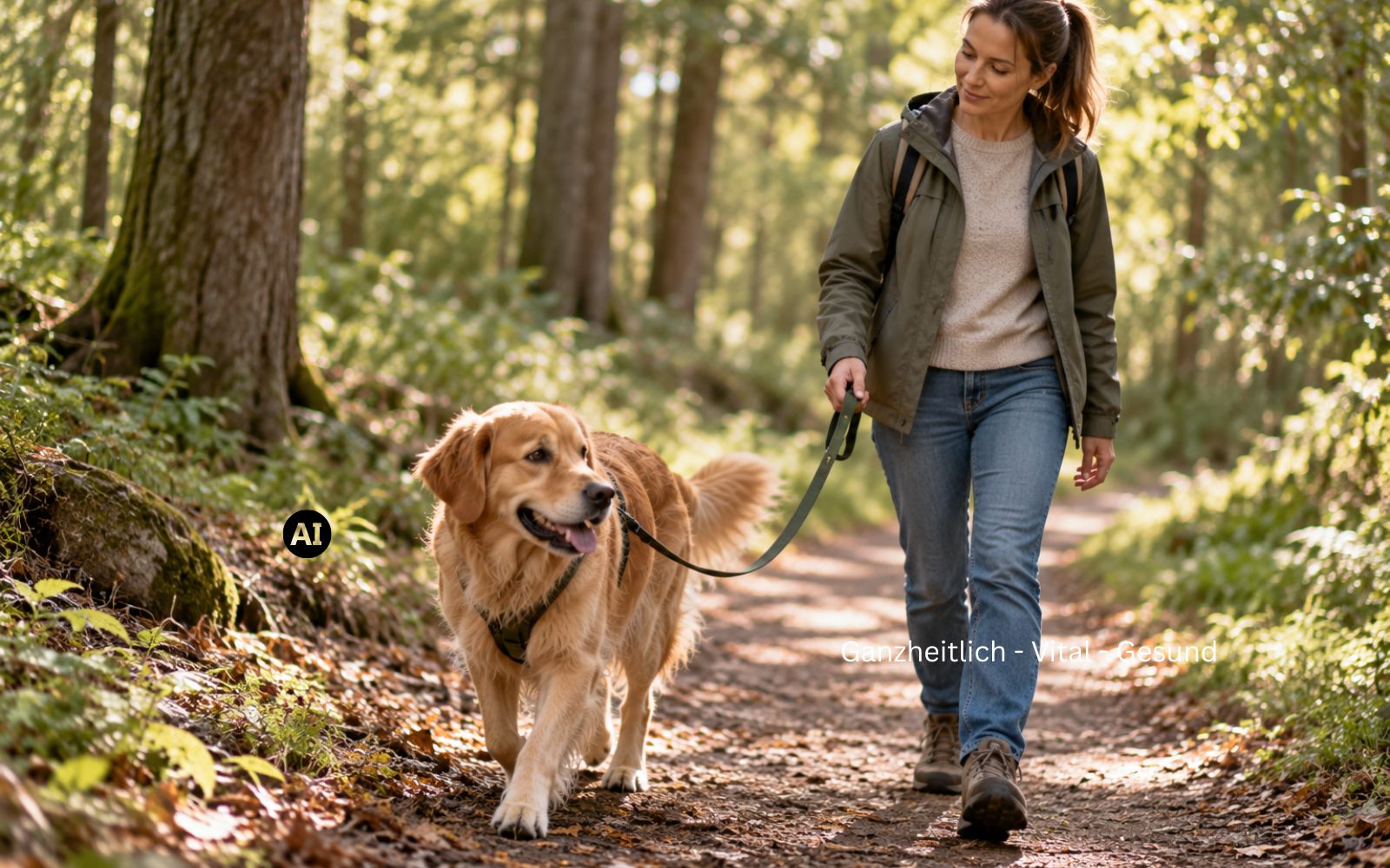 Hund läuft an lockerer Leine auf einem Waldweg, seine Halterin geht aufmerksam neben ihm