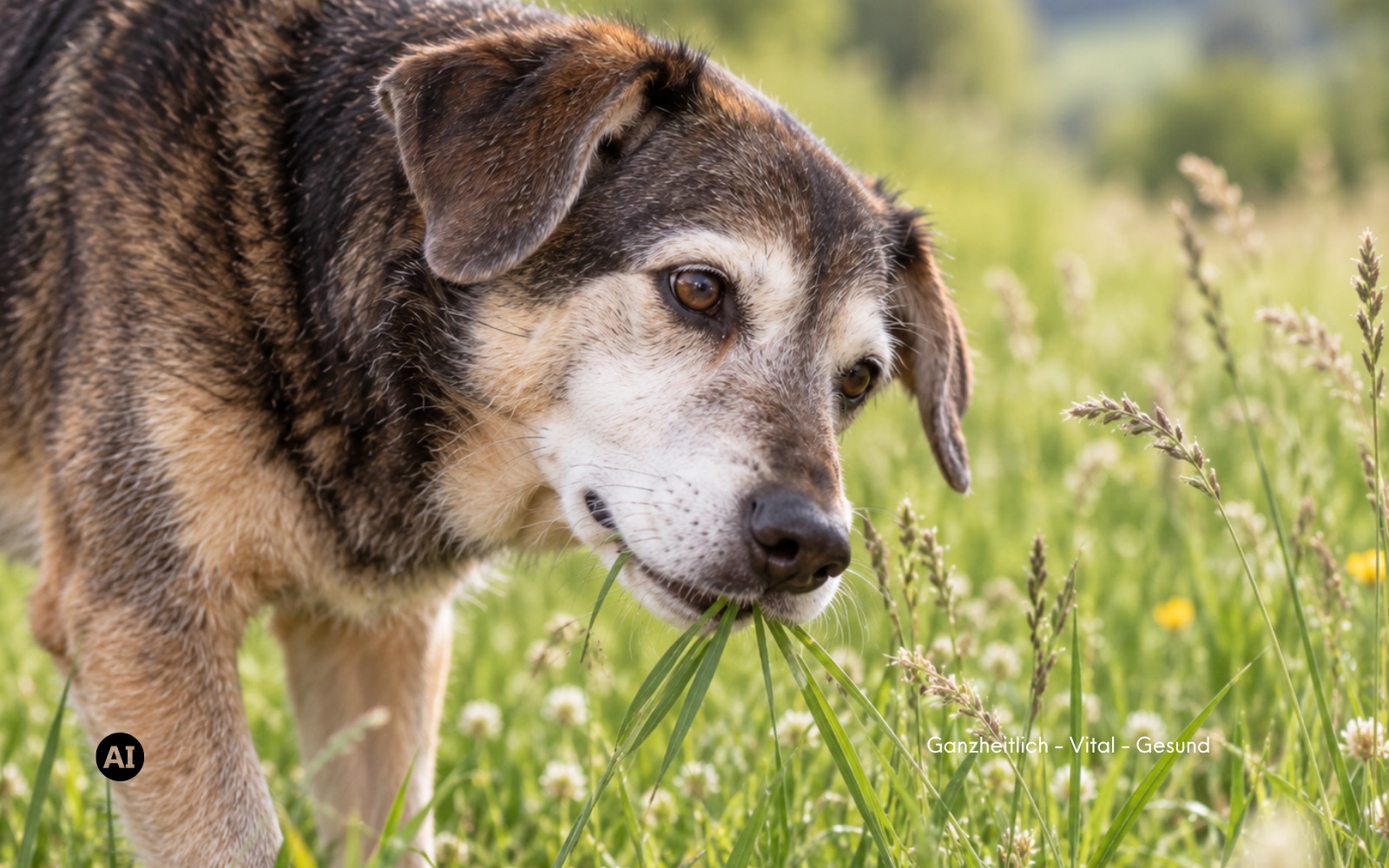 Ein Hund steht auf einer sommerlichen Wiese und rupft mit gesenktem Kopf in aller Ruhe ein paar Grashalme ab
