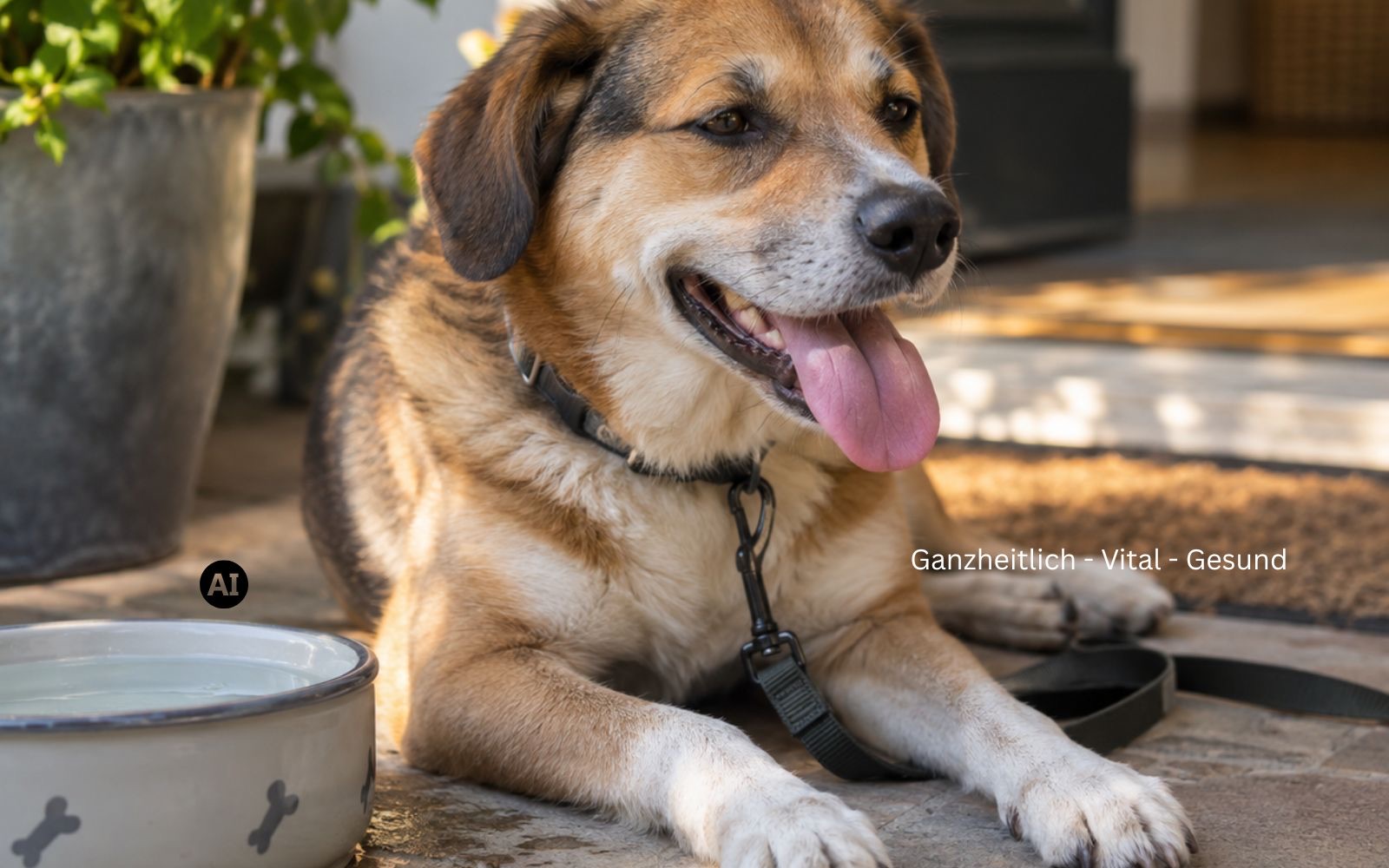 Hund hechelt entspannt nach dem Spaziergang, ein Wassernapf steht in Reichweite