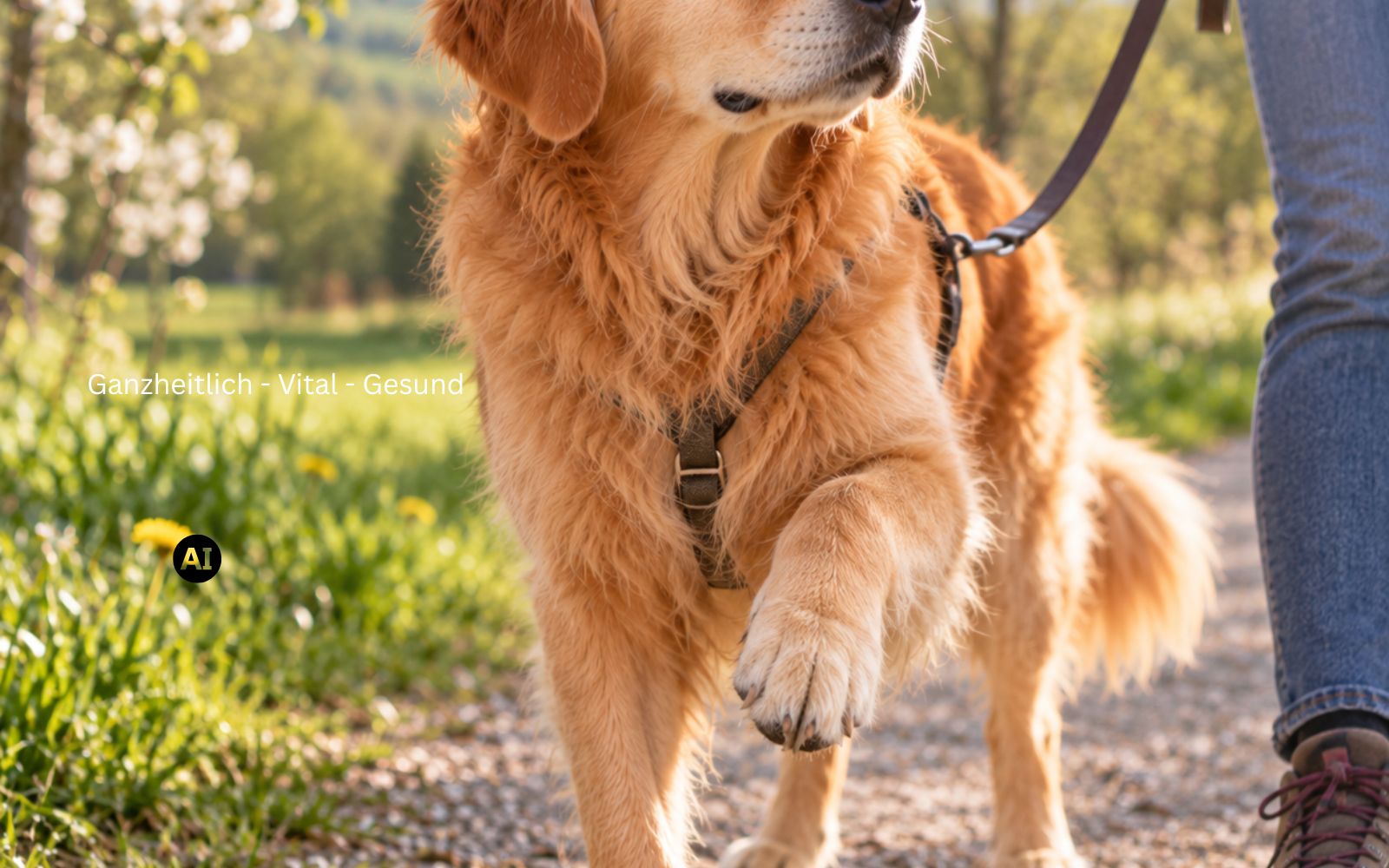Hund bleibt auf dem Weg stehen und hebt leicht eine Vorderpfote an