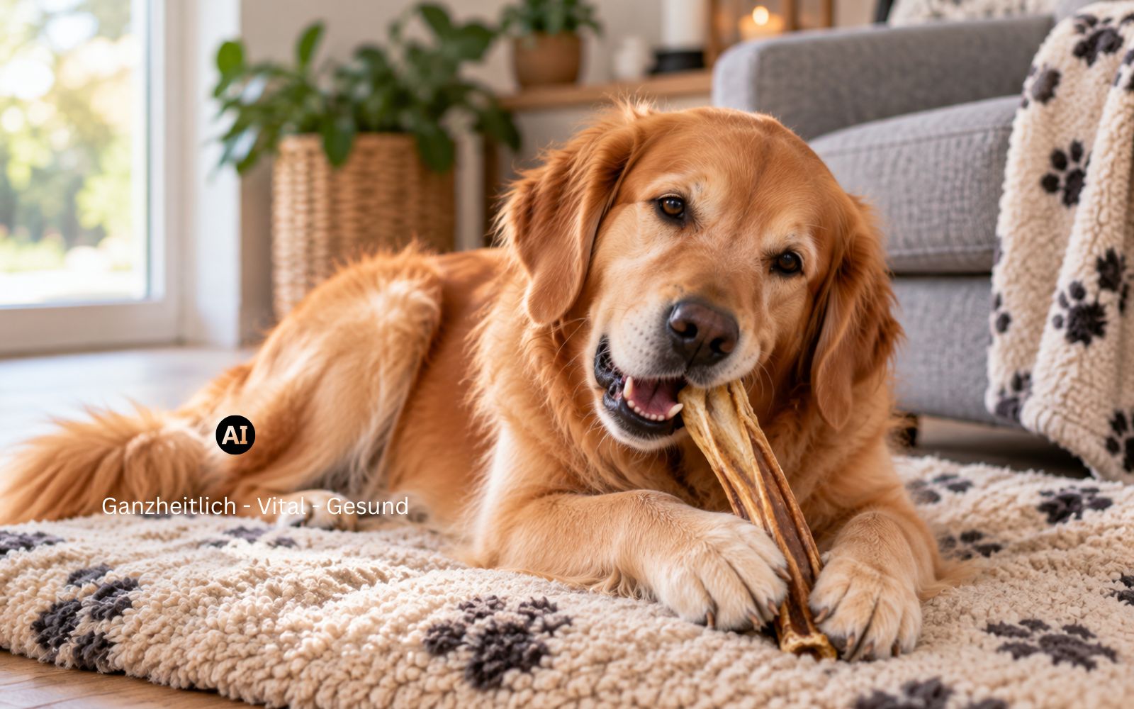 Hund liegt entspannt und kaut an einem Naturkauartikel