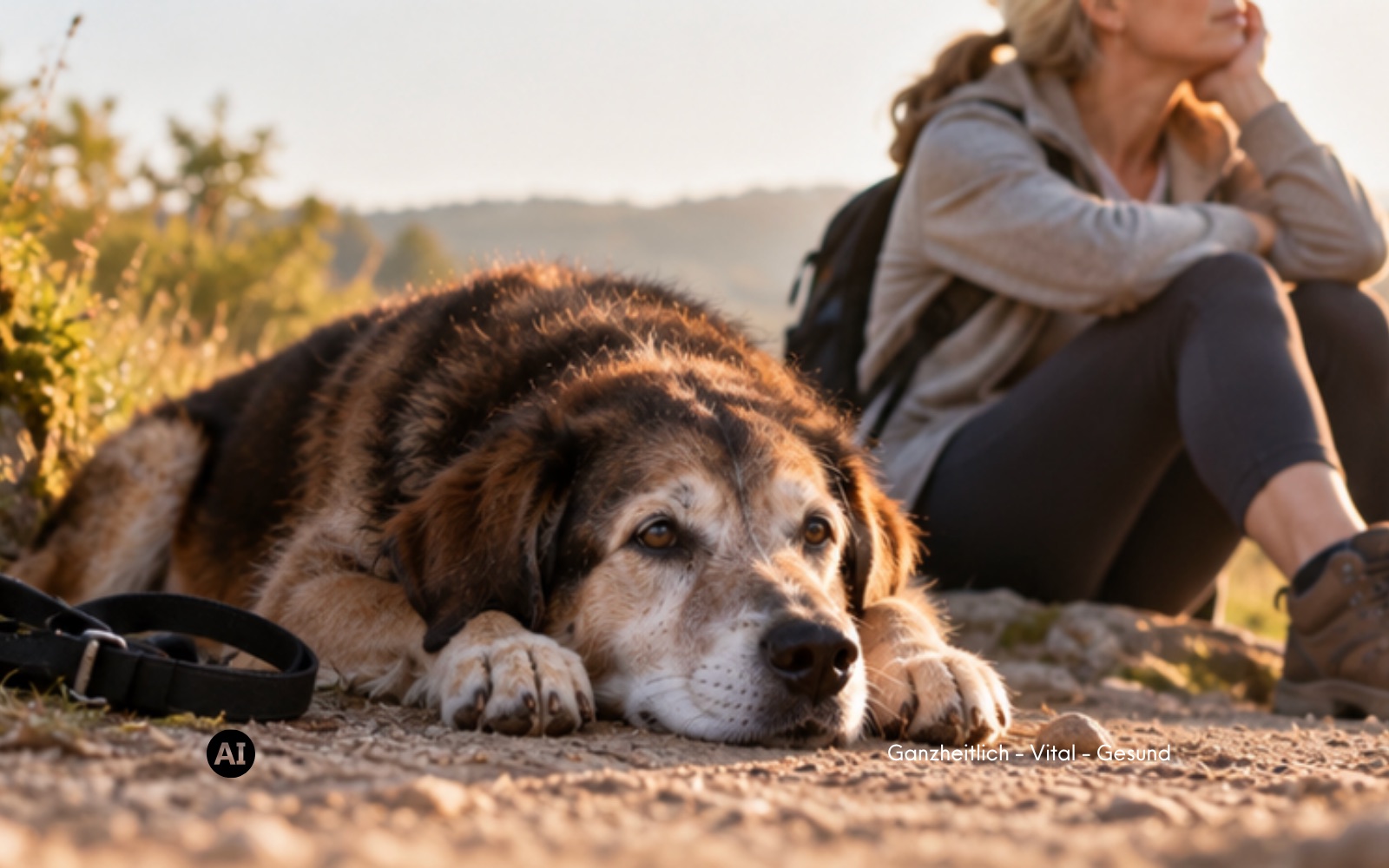 Älterer Hund macht auf einem Waldweg Pause, daneben wartet eine Frau geduldig mit lockerer Leine