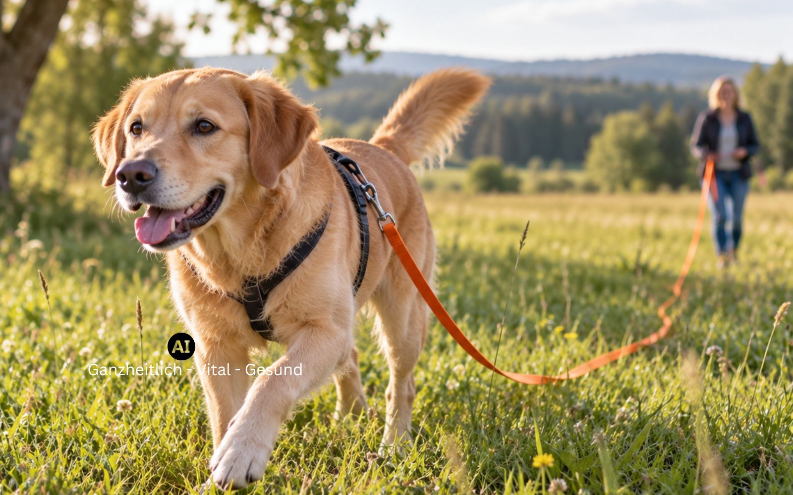 Hund läuft an einer langen Schleppleine über eine Wiese, die Halterin steht im Hintergrund