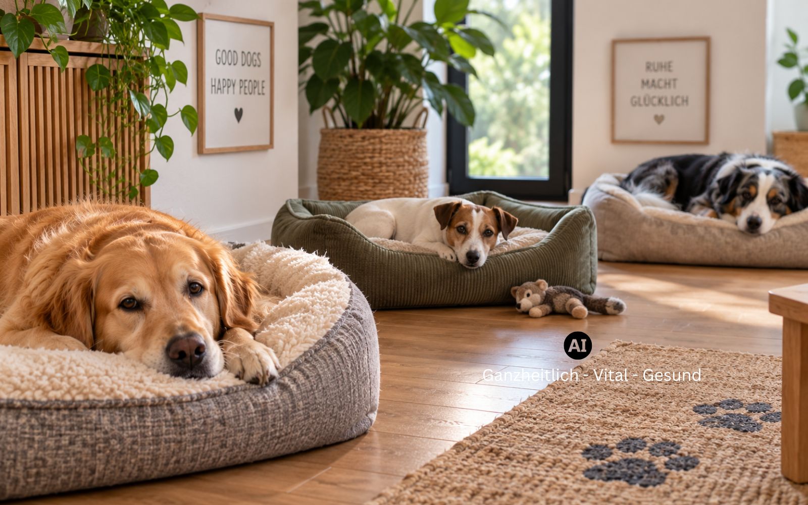 Drei Hunde liegen entspannt in einem hellen Wohnzimmer mit Holzboden und Pflanzen, jeder in seinem eigenen Hundebett mit Abstand zueinander: vorn ein Golden Retriever, in der Mitte ein Jack Russell, hinten ein Australian Shepherd, daneben ein Plüschtier auf dem Boden