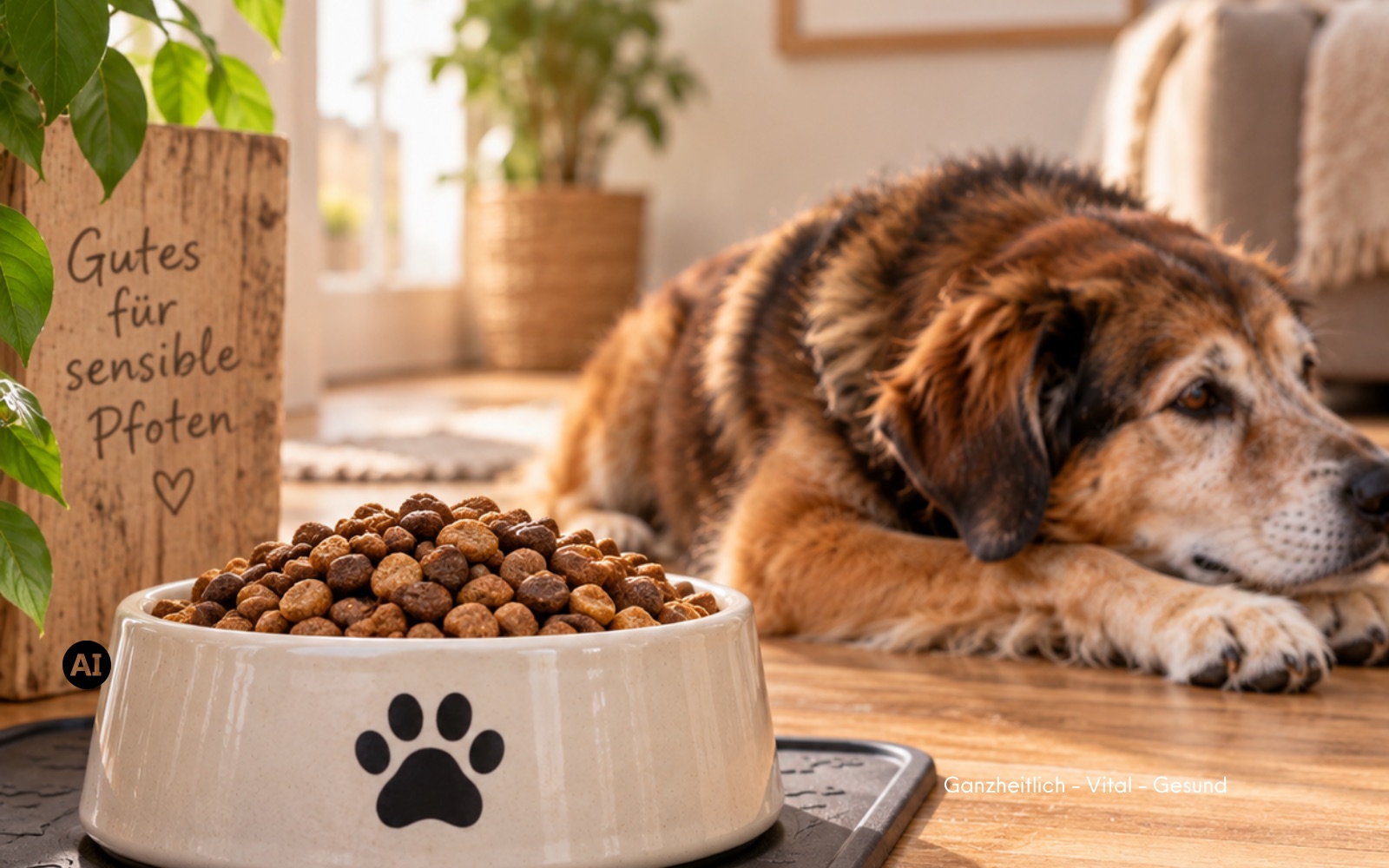 Voller Hundenapf steht unberührt da, Hund liegt abgewandt daneben