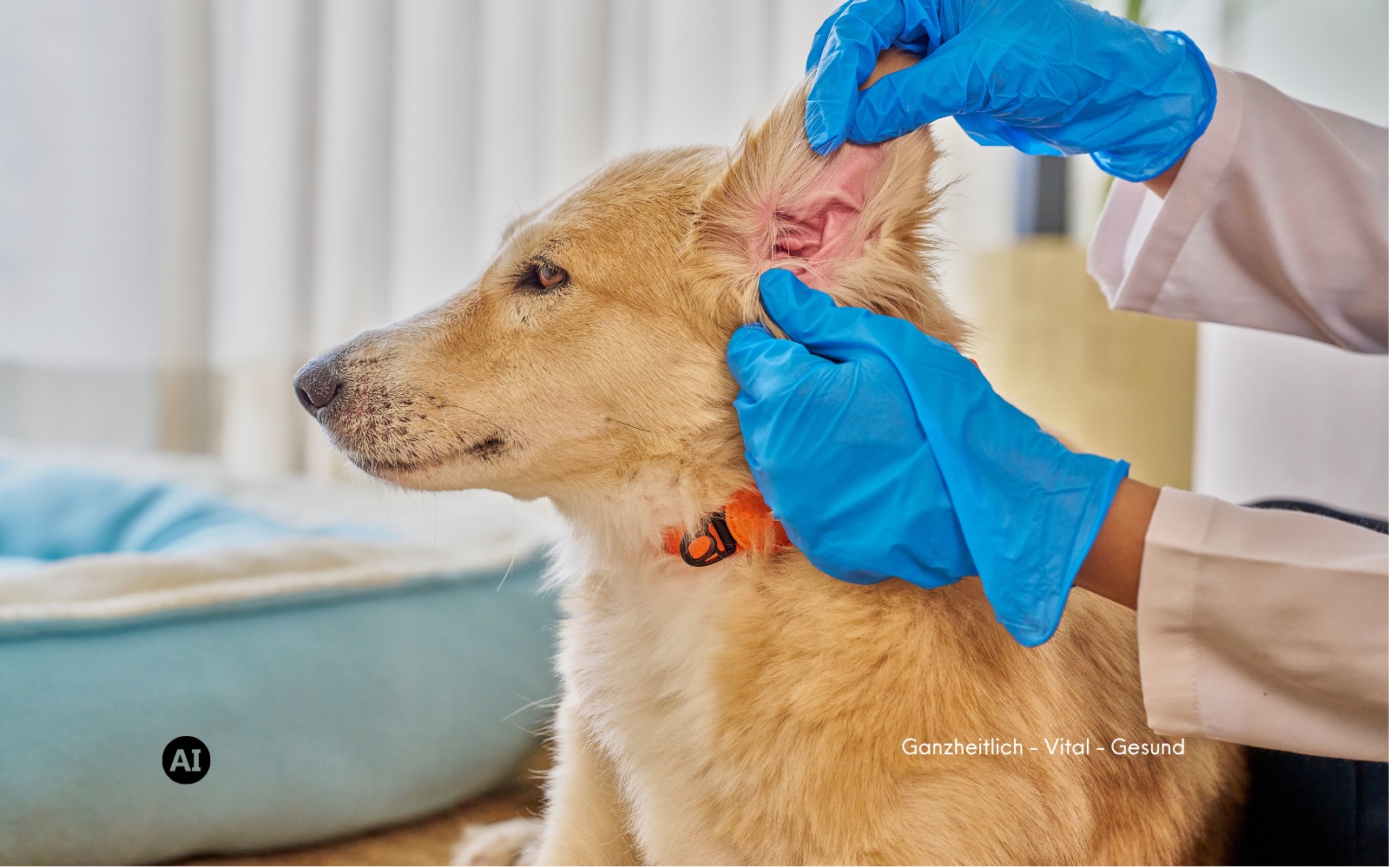 Eine Tierärztin mit blauen Handschuhen hebt vorsichtig das Ohr eines hellen Hundes an und schaut hinein, der Hund bleibt ruhig sitzen