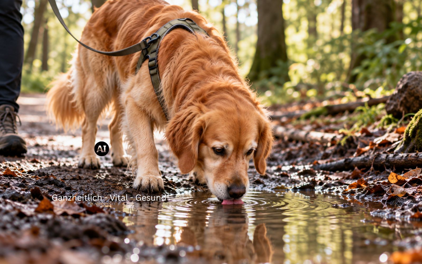Hund trinkt aus einer Pfütze auf einem Waldweg