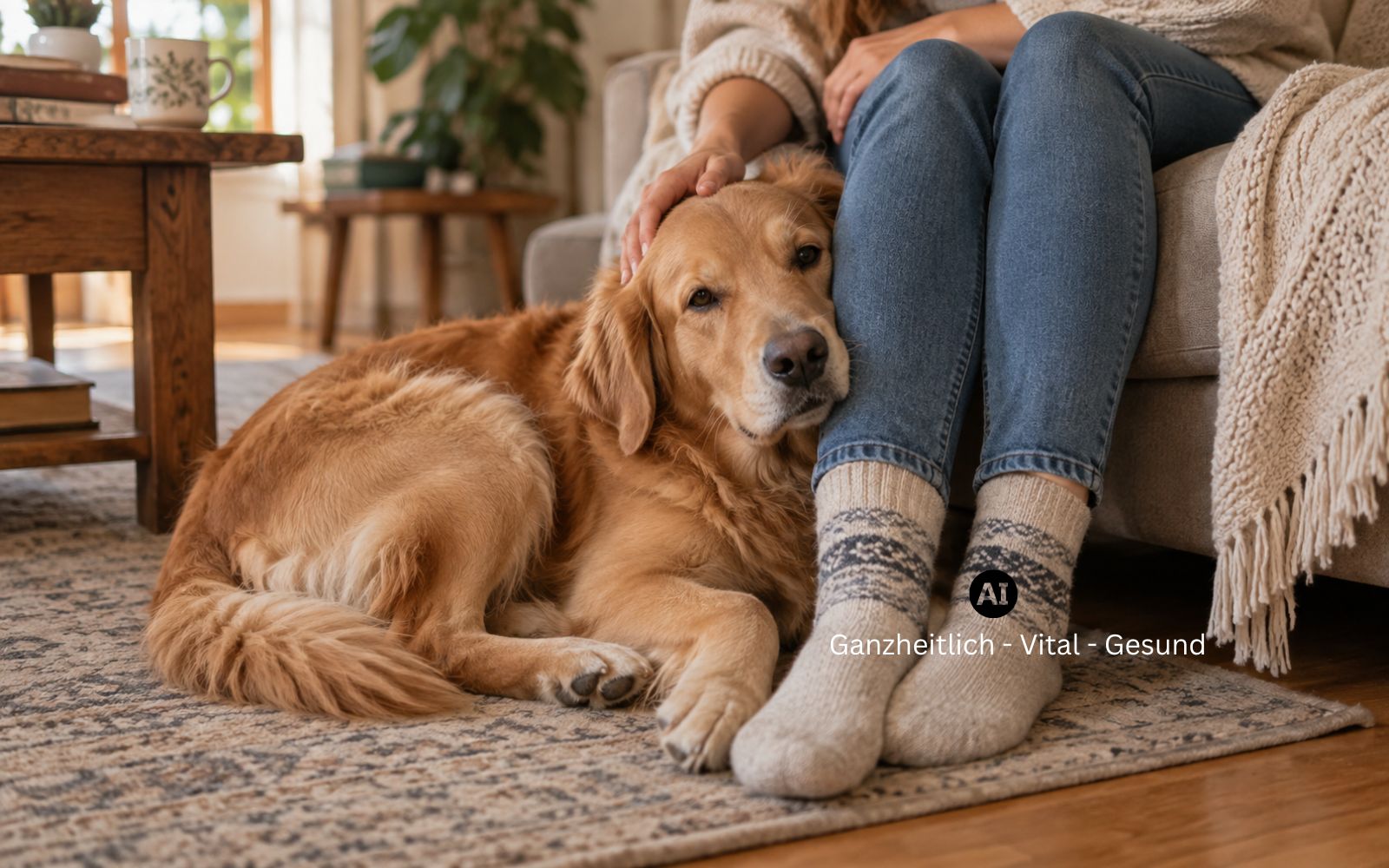 Golden Retriever liegt eng an die Beine einer Frau in Jeans und Wollsocken gekuschelt, sie sitzt auf dem Sofa und legt ihm die Hand auf den Kopf