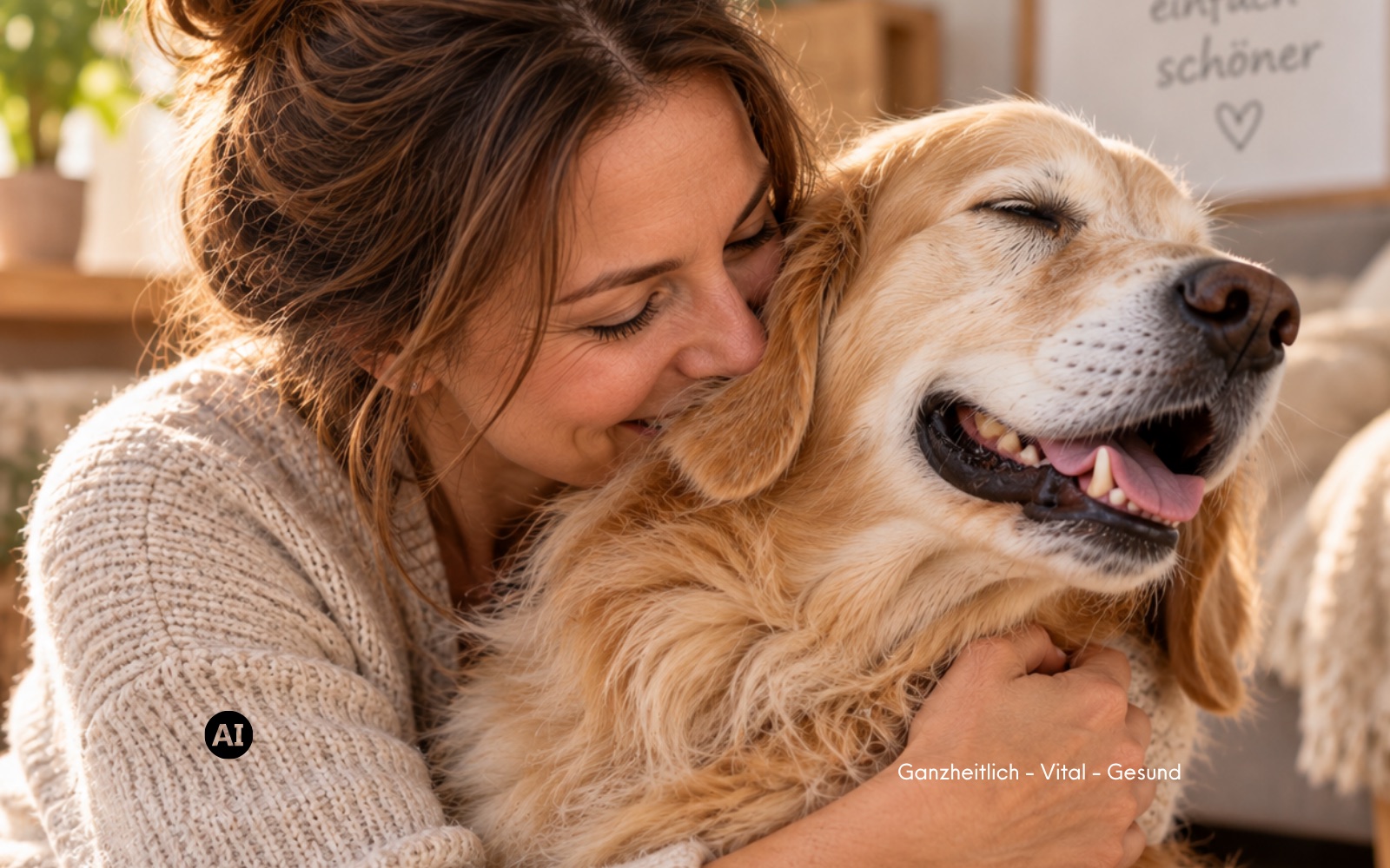 Frau umarmt lachend ihren Hund und schnuppert an seinem Fell