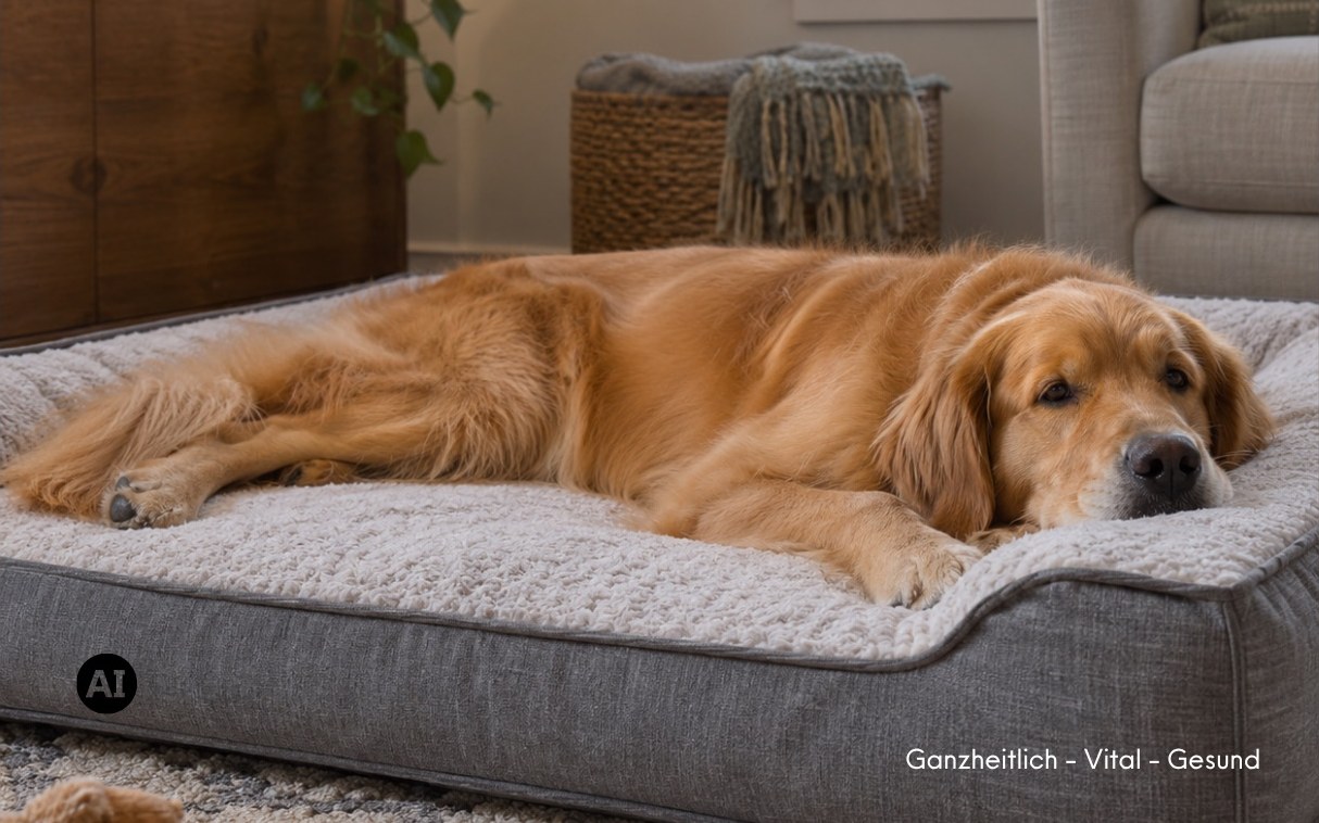 Hund liegt ausgestreckt auf einer festen Hundematratze in einem ruhigen Zimmer