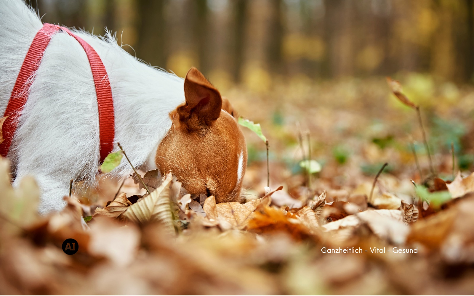 Hund steckt die Nase tief ins Laub am Wegrand, die lange Leine hängt locker durch