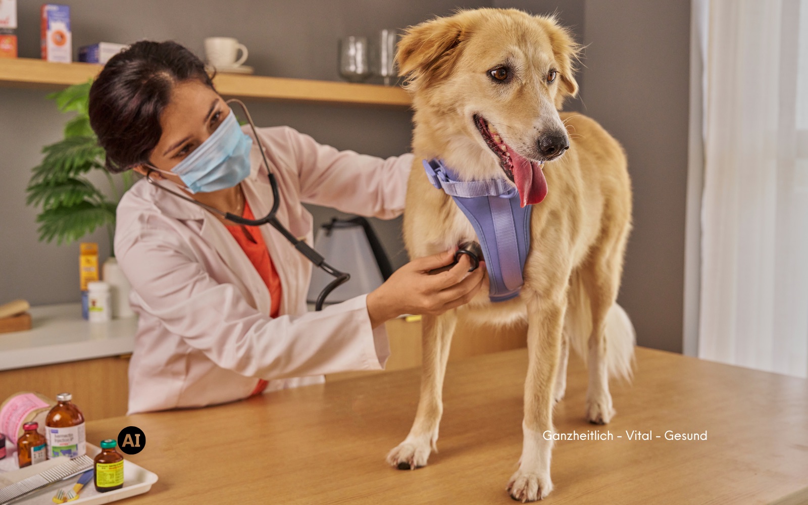 Eine Tierärztin mit Mundschutz hört einen hellen, entspannt stehenden Hund auf dem Behandlungstisch mit dem Stethoskop ab