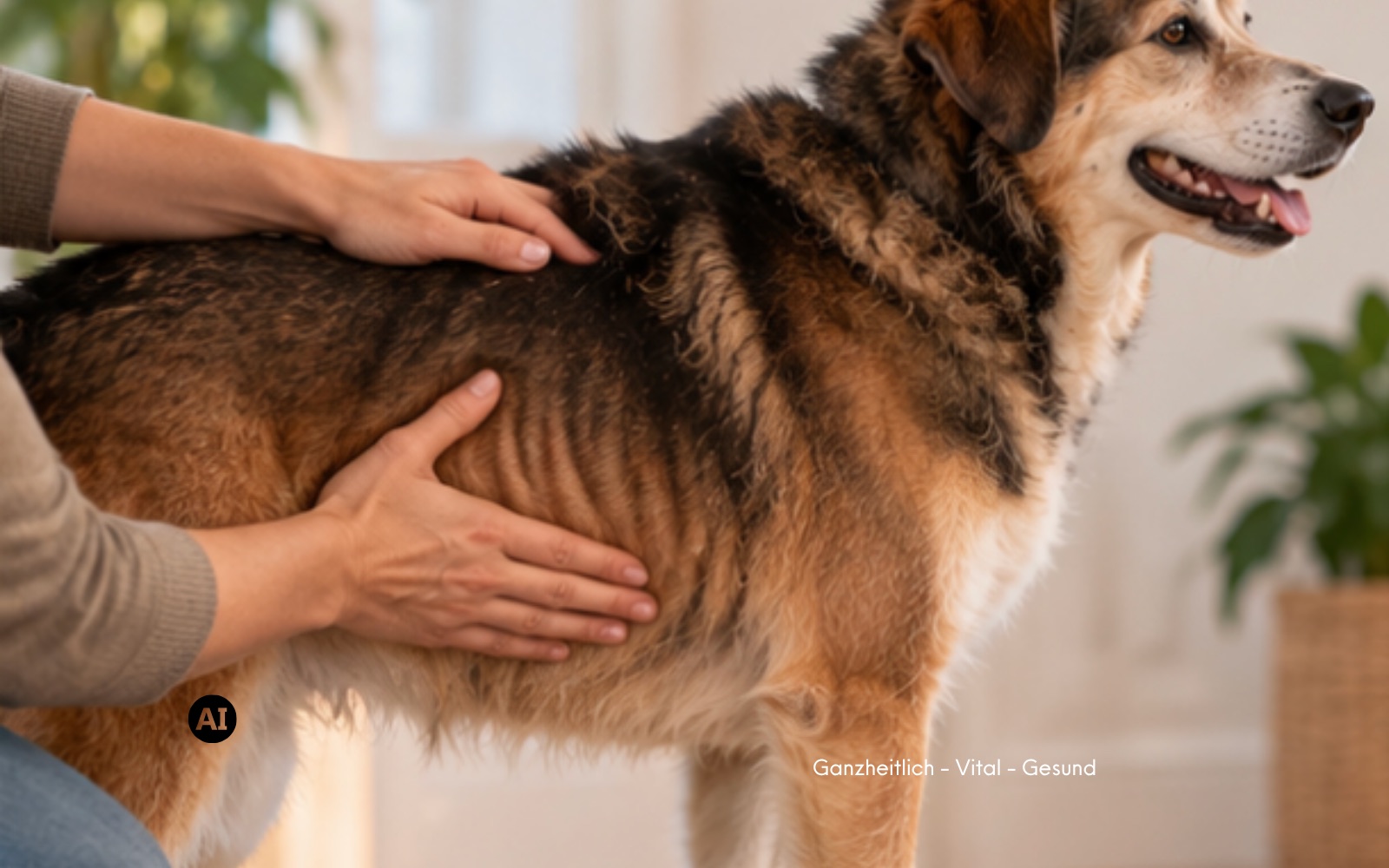 Eine Hand tastet die Rippen eines entspannt stehenden Hundes am Brustkorb ab, von der Seite gesehen