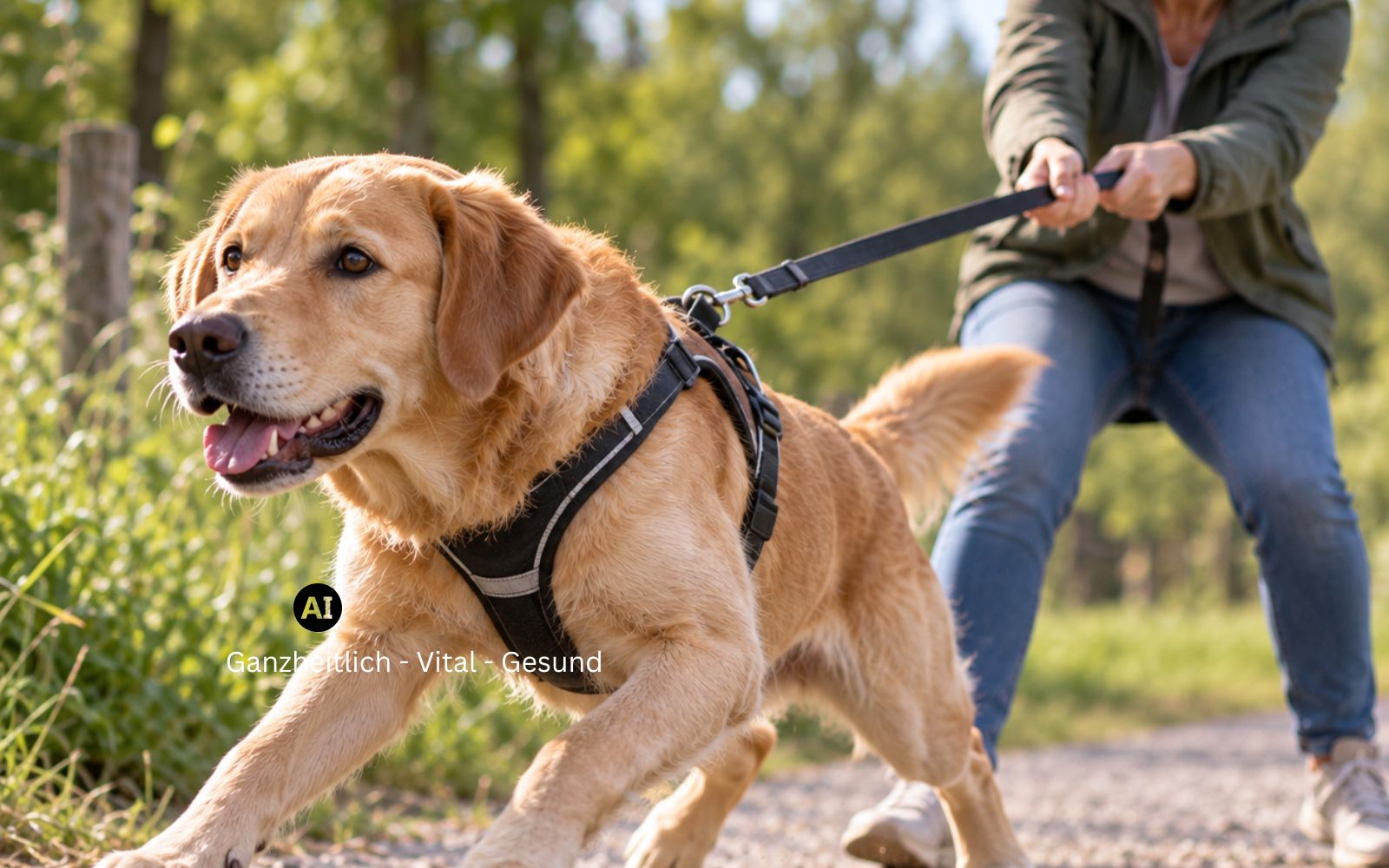 Hund zieht sichtbar nach vorn in die Leine, während seine Halterin mit gestrecktem Arm dagegenhält