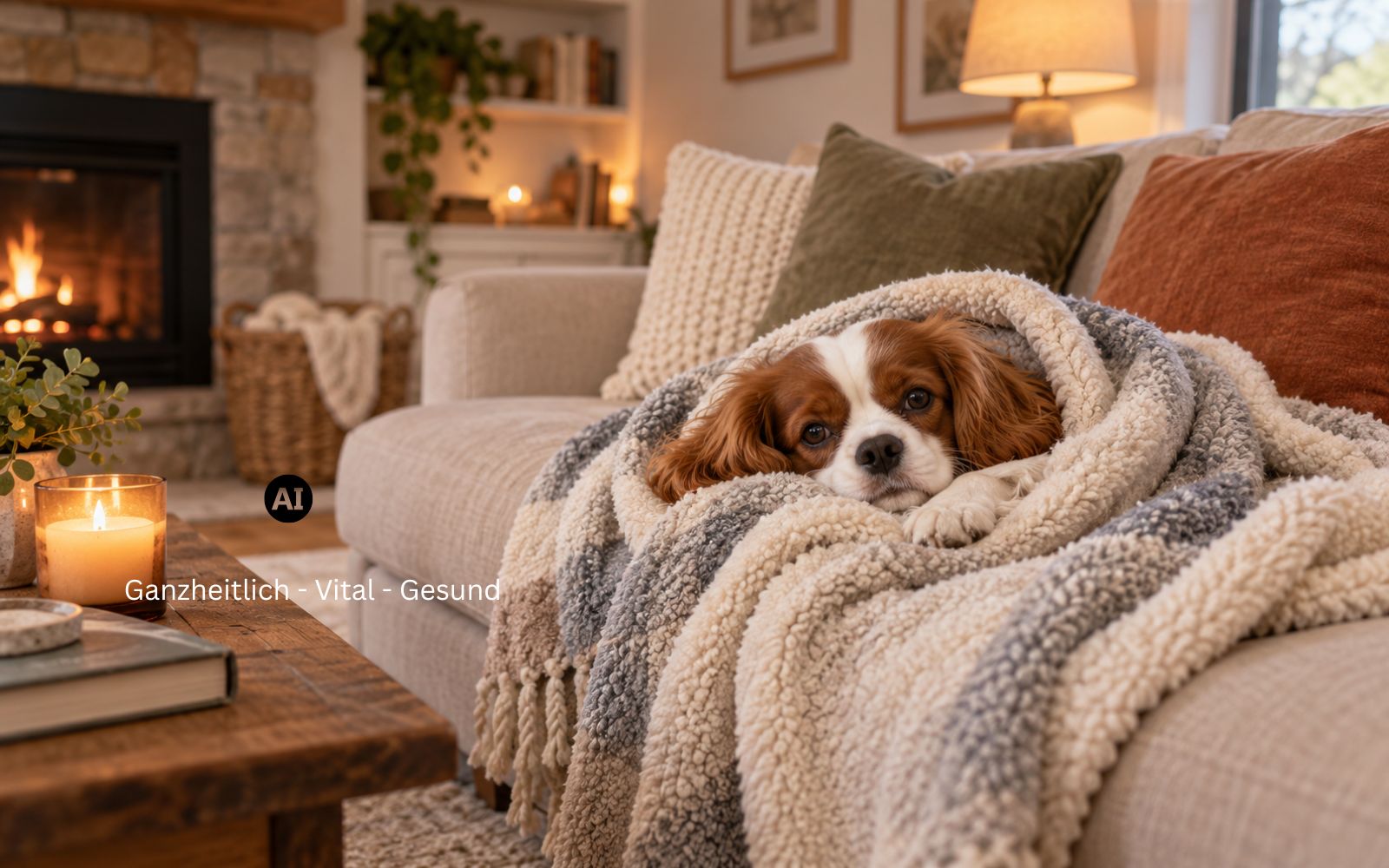 Kleiner Hund in eine Decke gewickelt auf dem Sofa